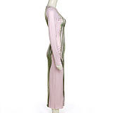 Pink Autumn Winter Fashion Human Body Printing Round Collar Long Sleeve Bodycon Long Dress DLS08255-1