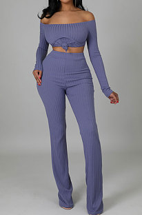 Light Purple Fashion Ribber Off Shoulder Split Tops Flare Pants Slim Fitting Two-Piece ZDD31175-1