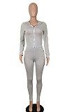 Gray Women's Sport Fashion Casual Solid Color Zipper Bodycon Pants Sets SH7291-2