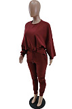 Wine Red Simple Velvet Pure Color Long Sleeve Hoodie Trousers Sport Suit BM7237-4