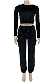 Black Casual Velvet Long Sleeve Round Neck Crop Jogger Pants Plain Suit CYY00038-3