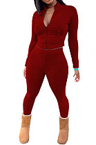 Red Women's Fashion Long Sleeve Zipper Pocket Pure Color Pants Sets QHH8671-2