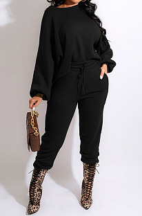 Black Simple Velvet Pure Color Long Sleeve Hoodie Trousers Sport Suit BM7237-3