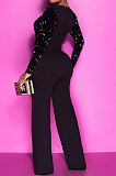 Black Women's Autumn Winter Velvet Sequins Mesh Spaghetti Spliced Back Zipper Wide Leg Jumpsuits Q981-2