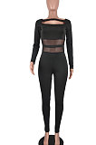 Black Euramerican Woem's Sexy Mesh Spliced Pure Color Bodycon Jumpsuits BYQ3116