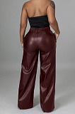 Wine Red Casul Pure Color Leather Fashion Wide Leg Pants BBN211-2