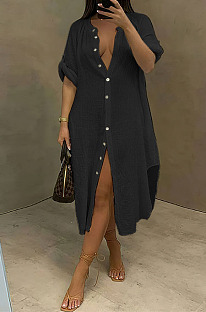 Black Simple High Quality Long Sleeve Single-Breasted Shirts Dress BM7236-3