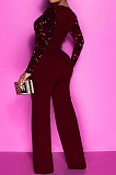 Wine Red Women's Autumn Winter Velvet Sequins Mesh Spaghetti Spliced Back Zipper Wide Leg Jumpsuits Q981-3