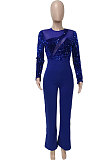 Blue Women's Autumn Winter Velvet Sequins Mesh Spaghetti Spliced Back Zipper Wide Leg Jumpsuits Q981-1