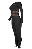 Black Euramerican Woem's Sexy Mesh Spliced Pure Color Bodycon Jumpsuits BYQ3116