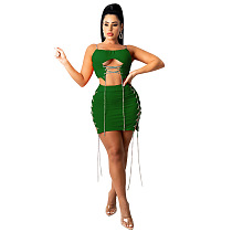 WHOLESALE| Green Solid Color Fashion Women Condole Belt Chain Spliced Hollow Out Skirts Sets MY9946-3