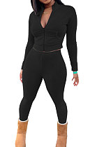 Black Women's Fashion Long Sleeve Zipper Pocket Pure Color Pants Sets QHH8671-3