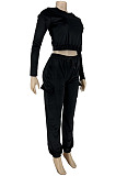 Black Casual Velvet Long Sleeve Round Neck Crop Jogger Pants Plain Suit CYY00038-3