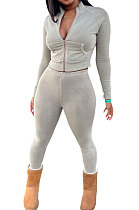 Gray Women's Fashion Long Sleeve Zipper Pocket Pure Color Pants Sets QHH8671-1
