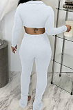 White Sexy Women's Thick Long Sleeve Crop Cardigan Trousers Plain Suit BBN217-4