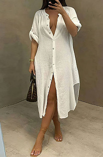 White Simple High Quality Long Sleeve Single-Breasted Shirts Dress BM7236-4