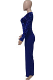 Blue Women's Autumn Winter Velvet Sequins Mesh Spaghetti Spliced Back Zipper Wide Leg Jumpsuits Q981-1