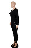 Black Women's Sport Fashion Casual Solid Color Zipper Bodycon Pants Sets SH7291-1