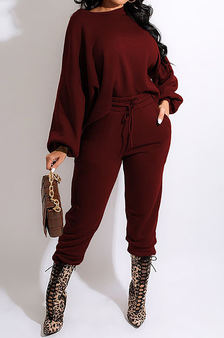 Wine Red Simple Velvet Pure Color Long Sleeve Hoodie Trousers Sport Suit BM7237-4
