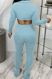 Light Blue Sexy Women's Thick Long Sleeve Crop Cardigan Trousers Plain Suit BBN217-2