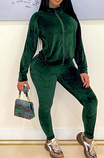 Green Women Pleuche Pure Color Long Sleeve Cardigan Sexy Sport Pants Sets YSH86282-2