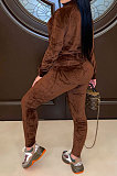 Brown Women Pleuche Pure Color Long Sleeve Cardigan Sexy Sport Pants Sets YSH86282-1