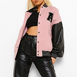Pink Black Baseball Uniform Velvet Thick Coat HYDL2579-7