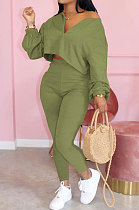 Army Green Casual Solid Long Sleeve Plus Size Women Sporty Pants Sets LML128-8