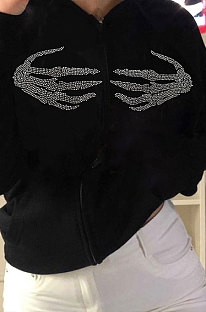 Black Long Sleeve Cardigan Zipper Hot Drilling Hoodie Outerwear HWY46002-2