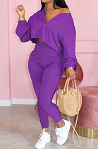 Purple Casual Solid Long Sleeve Plus Size Women Sporty Pants Sets LML128-10