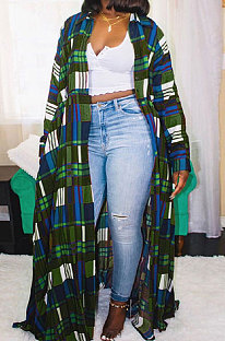 Green Women's Fashion Printing Long Sleeve Plaid Shirts Sexy Long Dress Plus Coats & Jacket JCFS0017-3
