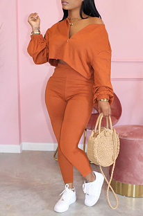 Orange Casual Solid Long Sleeve Plus Size Women Sporty Pants Sets LML128-5