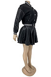 Coffee Casual Sport Leather Spliced Long Sleeve Jacket Mini Skirts Baseball Uniform Suits DN8649-1
