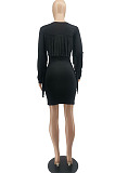 Black Modest New Tassel Long Sleeve Collect Waist Hip Dress MTY6601-2