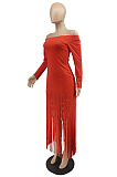 Red Sexy Cute Tassel Off Shoulder Long Sleeve Slim Fitting Dress MTY6598-3