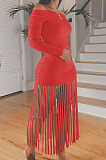 Khaki Sexy Cute Tassel Off Shoulder Long Sleeve Slim Fitting Dress MTY6598-4
