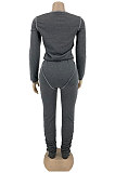 Black Women's Long Sleeve Round Neck Tops Pencil Pants Both Sides Weaw Plain Suit DN8650-3
