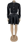 Black Casual Sport Leather Spliced Long Sleeve Jacket Mini Skirts Baseball Uniform Suits DN8649-2