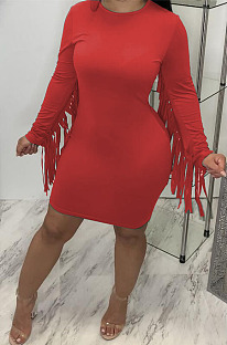 Red Modest New Tassel Long Sleeve Collect Waist Hip Dress MTY6601-4