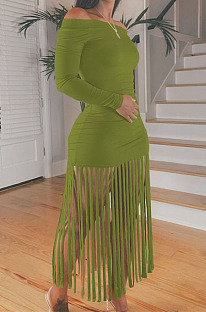 Green Sexy Cute Tassel Off Shoulder Long Sleeve Slim Fitting Dress MTY6598-2