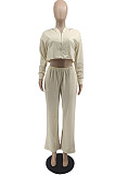 Cream White Green Casual Long Sleeve Cardigan Coat Wide Leg Pants Sport Plain Suits MTY6597-3