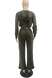 Dark Green Casual Long Sleeve Cardigan Coat Wide Leg Pants Sport Plain Suits MTY6597-1