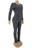 Dark Grey Women's Long Sleeve Round Neck Tops Pencil Pants Both Sides Weaw Plain Suit DN8650-1
