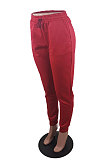 Wine Red Autumn Winter Pure Color Casual Mid Waist Long Pants BLE2177