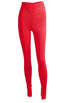 Red Euramerican Women's Tight Hip Ruffle Joker Leggings Long Pants HJJ20120-4