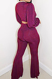 Rose Red Wholesale New Puff Sleeve Bandage Crop Tops High Waist Flare Pants Plain Suit PU6102-4