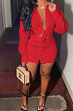 Red Womenswear Casual Pure Color Sexy Shirt  Button Skirts Two-Piece AA5219-3