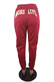 Wine Red Autumn Winter Pure Color Casual Mid Waist Long Pants BLE2177