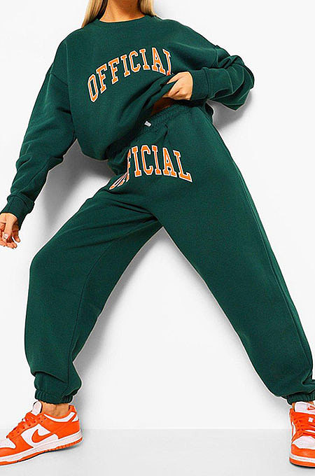 Green Women's Fleece Round Collar Drwasting Trendy Letters Printing Sport  Pants Sets HSFS626