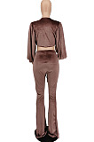 Coffee Wholesale New Puff Sleeve Bandage Crop Tops High Waist Flare Pants Plain Suit PU6102-1